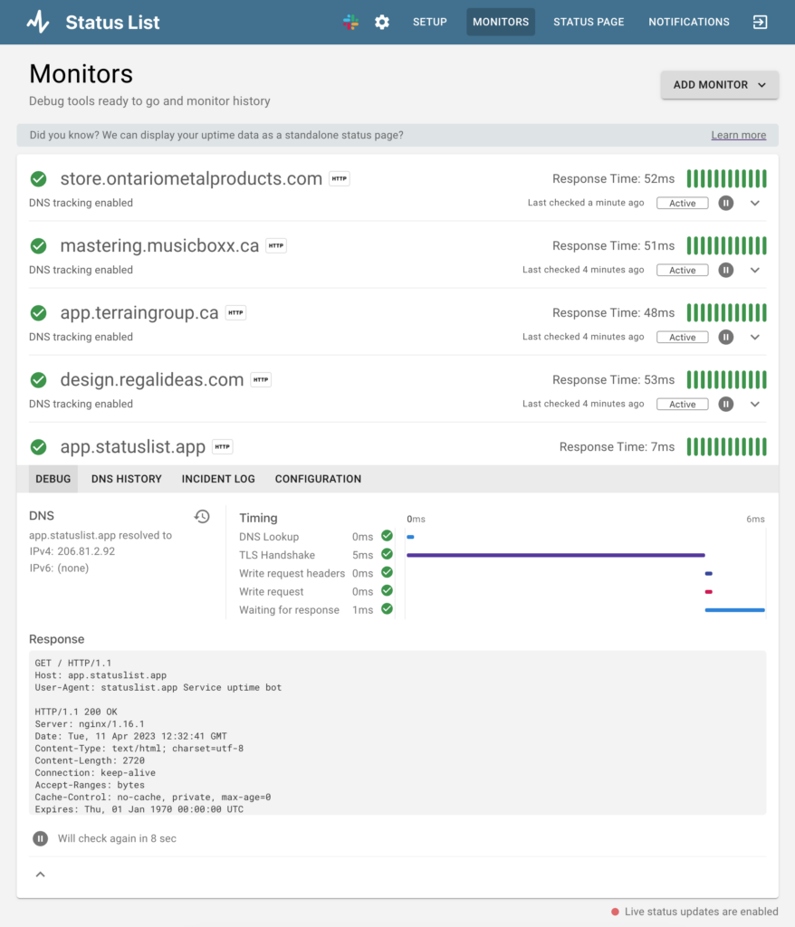 statuslist dashboard, monitor expanded