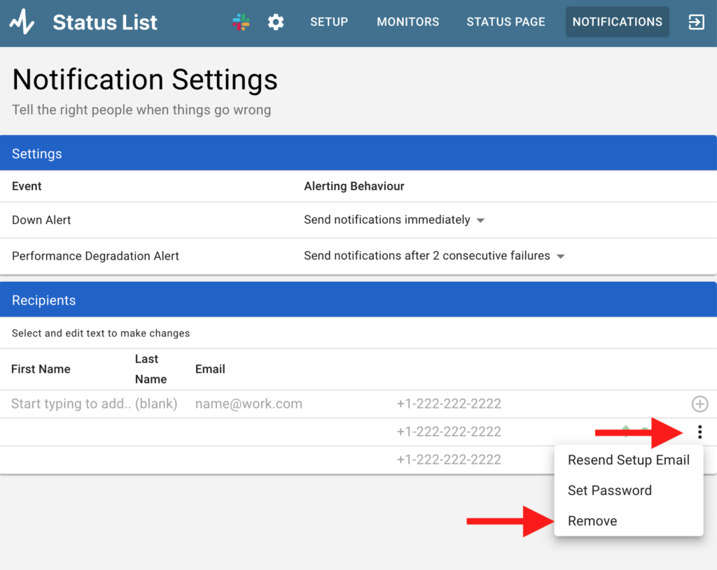 Removing notification recipients