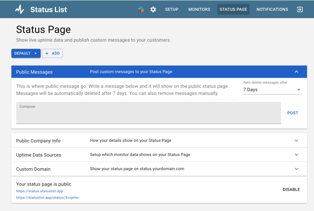 hosted status page configuration